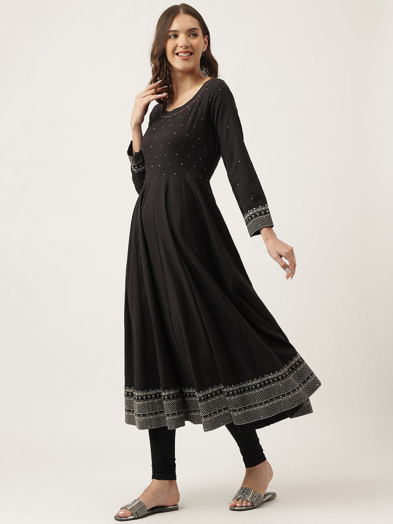 Women's Black Embroidered Cotton Anarkali Kurta