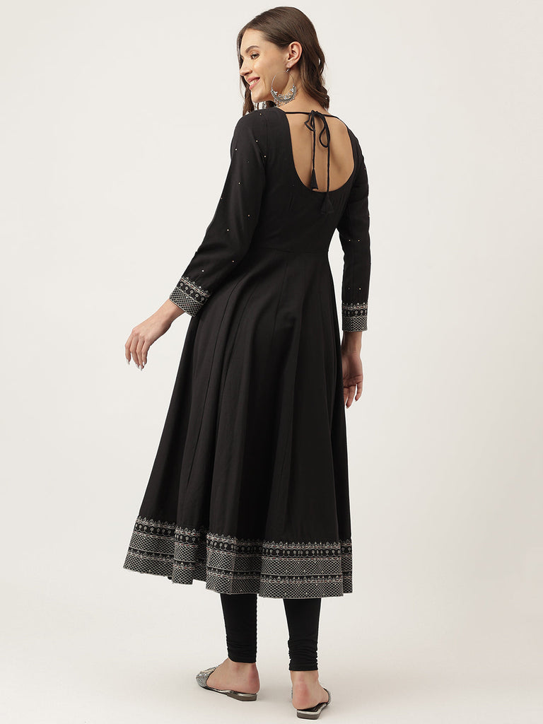 Women's Black Embroidered Cotton Anarkali Kurta