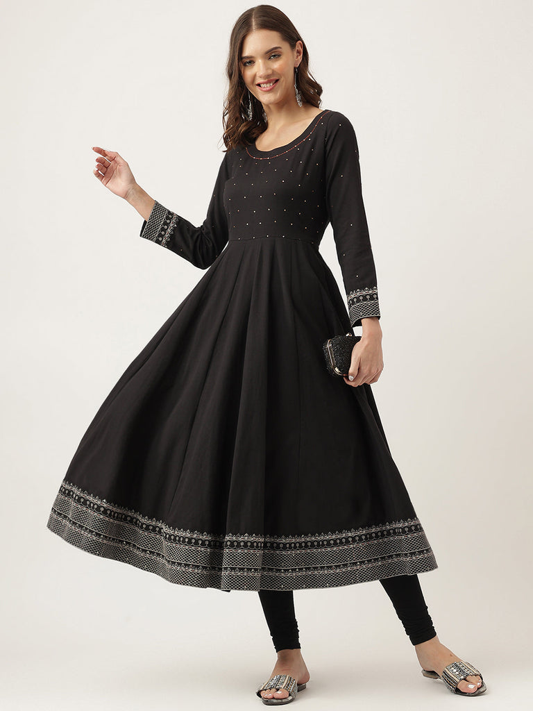 Women's Black Embroidered Cotton Anarkali Kurta
