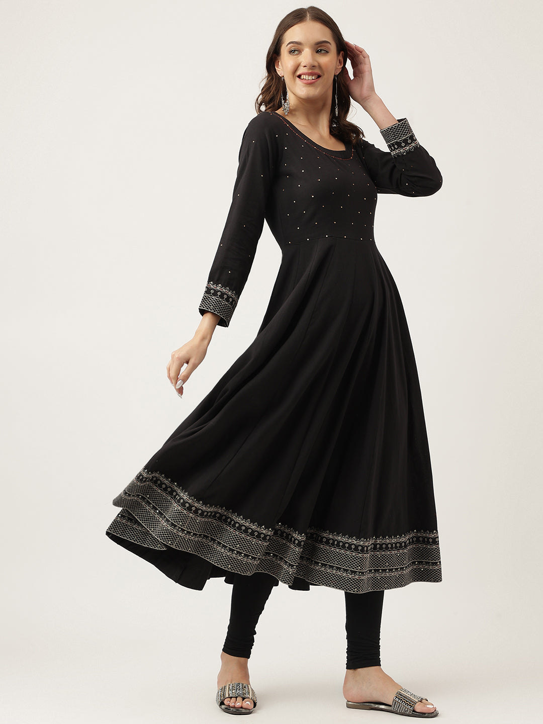 Women's Black Embroidered Cotton Anarkali Kurta - Taantav