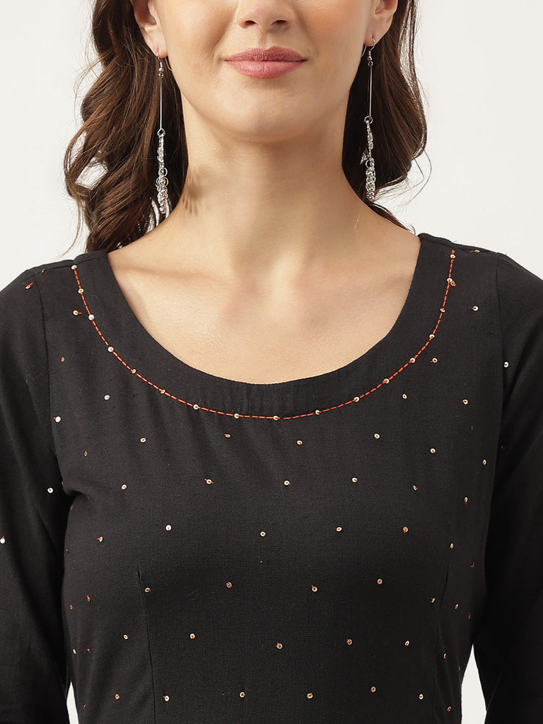 Women's Black Embroidered Cotton Anarkali Kurta