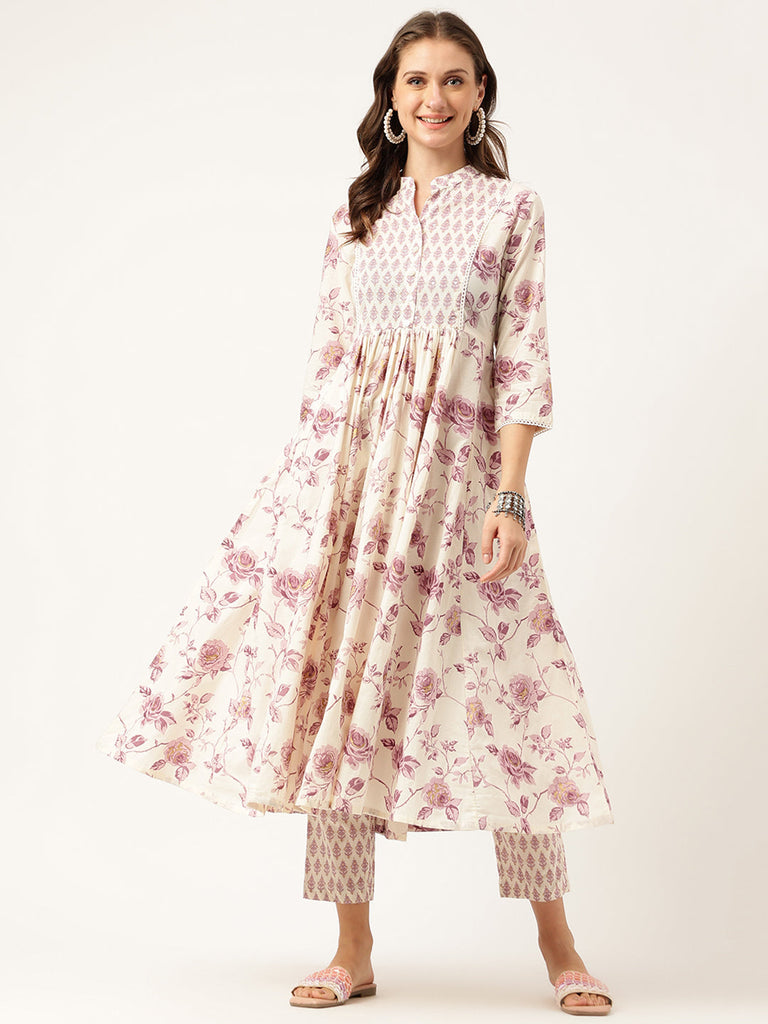 Women's White Purple Floral Cotton Flared kurta with Pant set