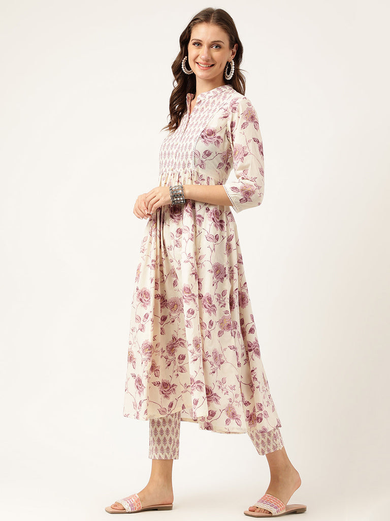 Women's White Purple Floral Cotton Flared kurta with Pant set
