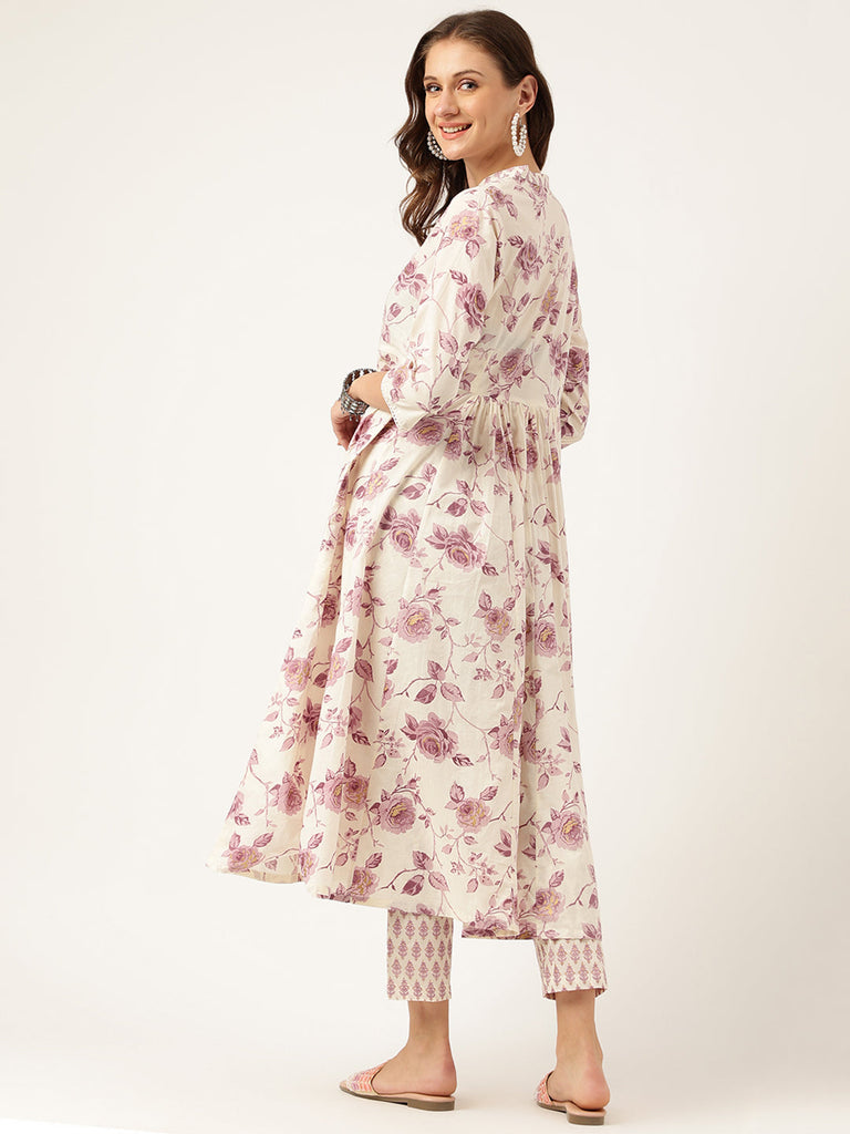Women's White Purple Floral Cotton Flared kurta with Pant set