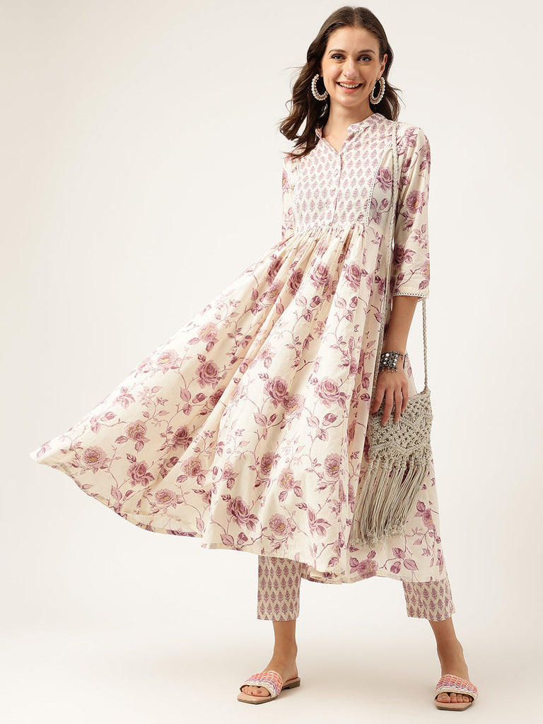 Women's White Purple Floral Cotton Flared kurta with Pant set