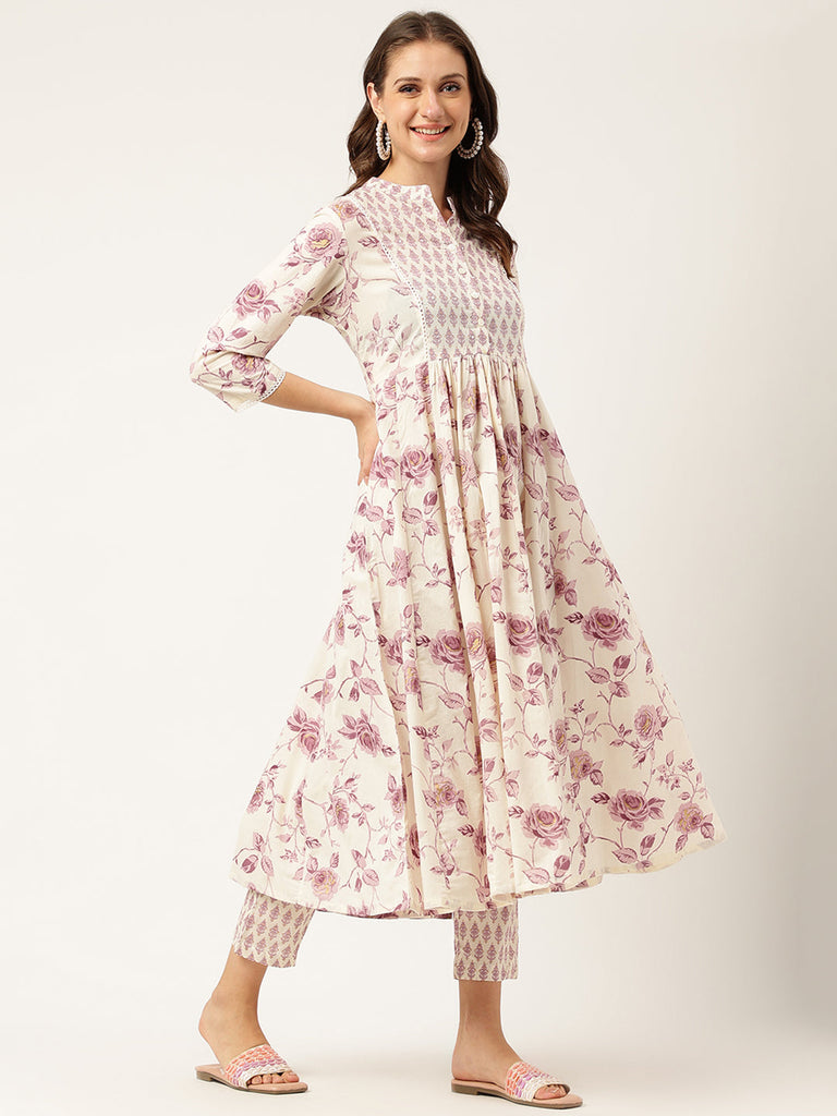 Women's White Purple Floral Cotton Flared kurta with Pant set