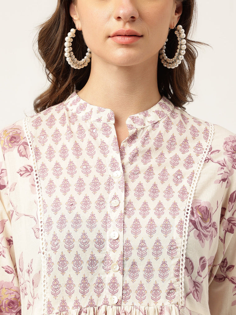 Women's White Purple Floral Cotton Flared kurta with Pant set