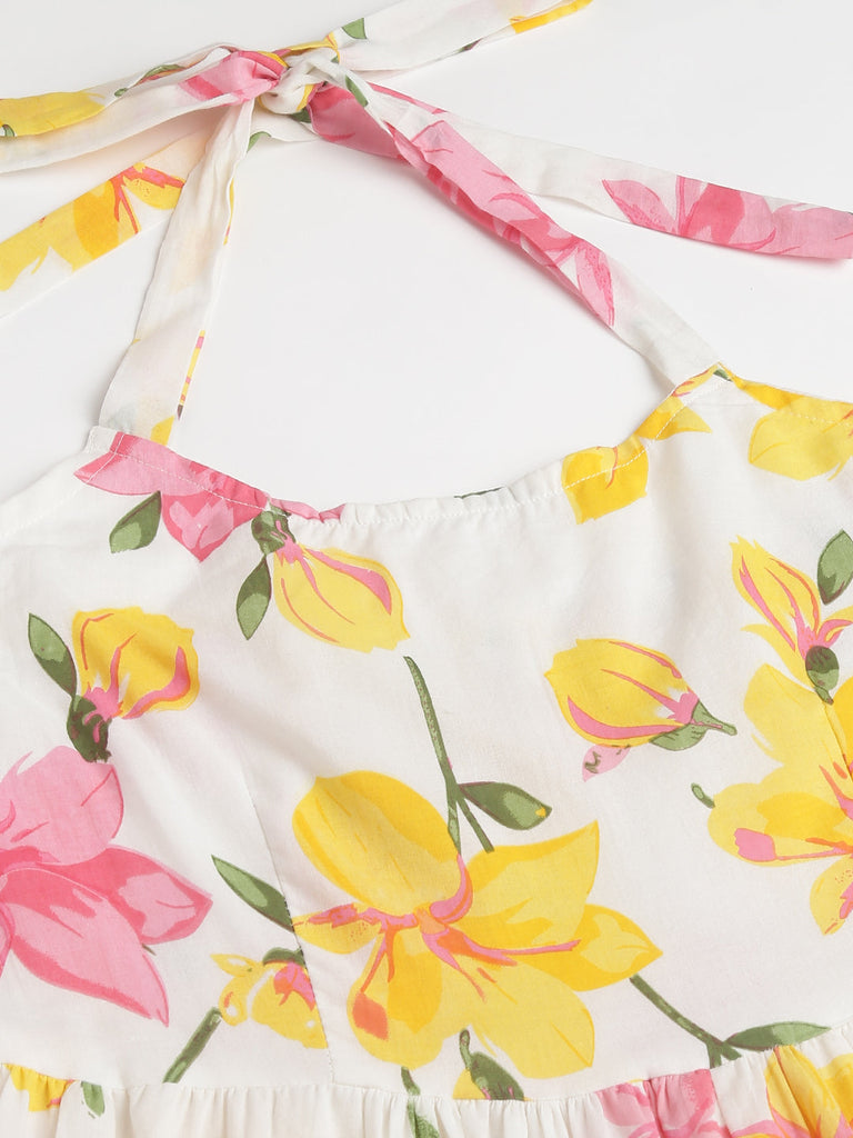 Women's Floral Printed Halter Neck Cotton Casual Maxi Dress