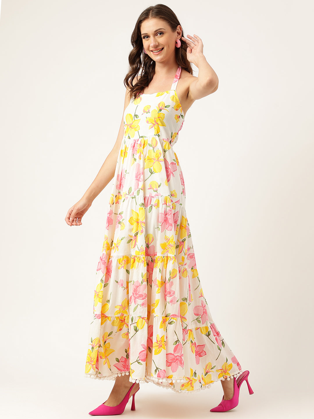 Women's Floral Printed Halter Neck Cotton Casual Maxi Dress - Taantav