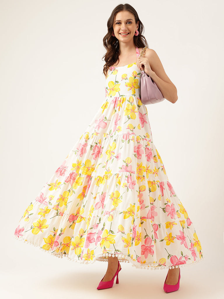 Women's Floral Printed Halter Neck Cotton Casual Maxi Dress