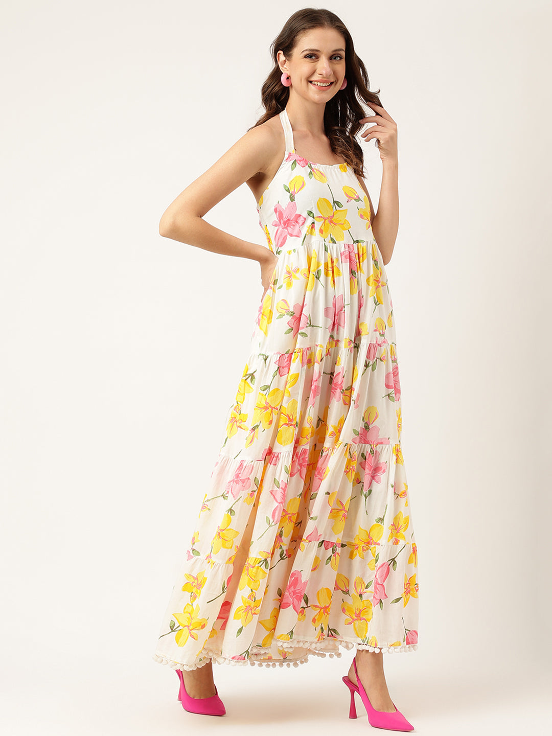 Women's Floral Printed Halter Neck Cotton Casual Maxi Dress - Taantav