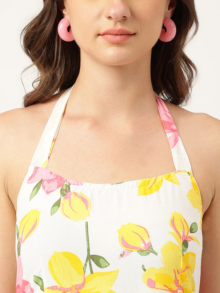 Women's Floral Printed Halter Neck Cotton Casual Maxi Dress