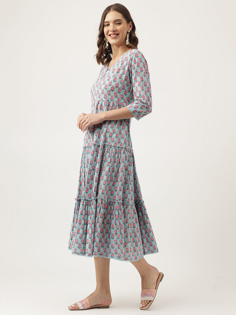 Women's Sky Blue Floral printed Cotton Tired Dress
