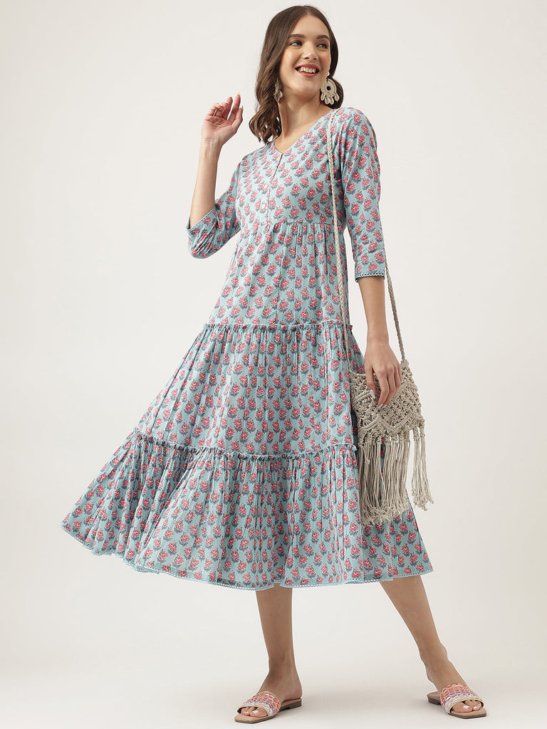 Women's Sky Blue Floral printed Cotton Tired Dress