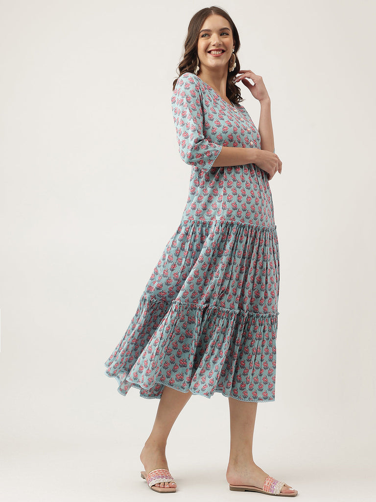 Women's Sky Blue Floral printed Cotton Tired Dress