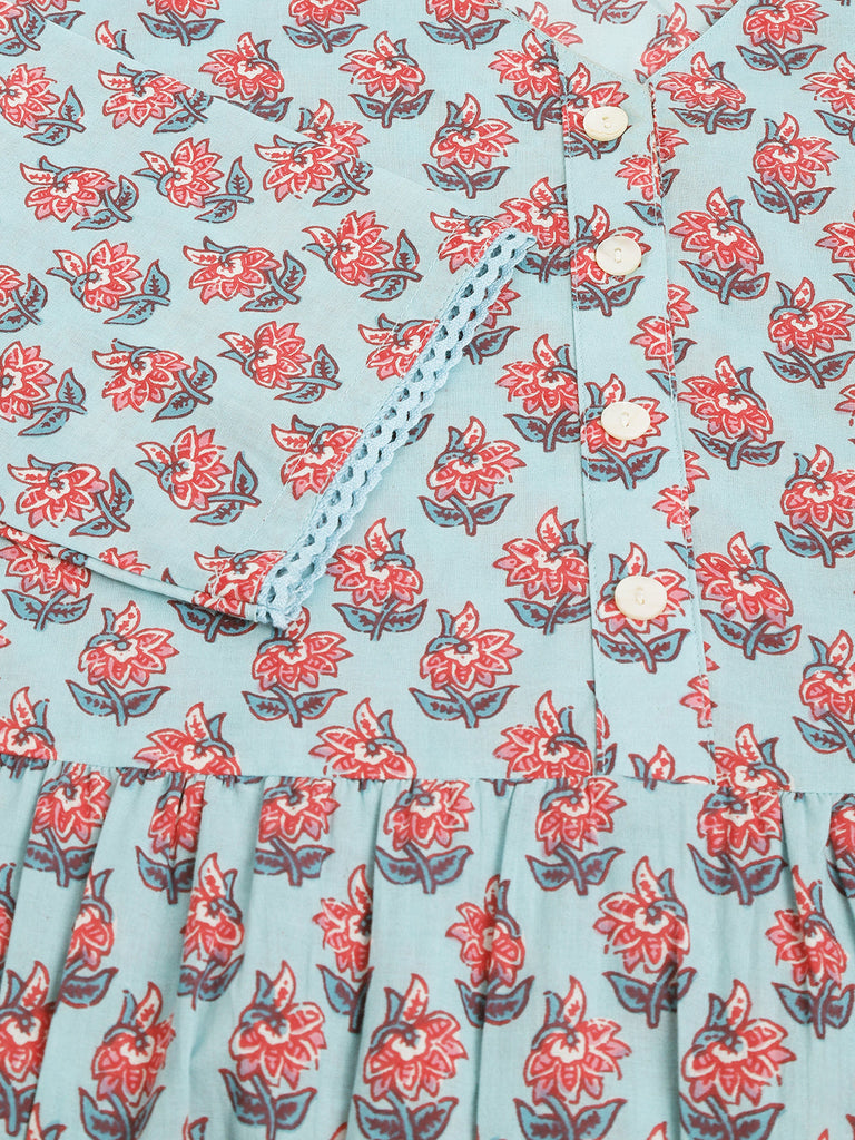 Women's Sky Blue Floral printed Cotton Tired Dress