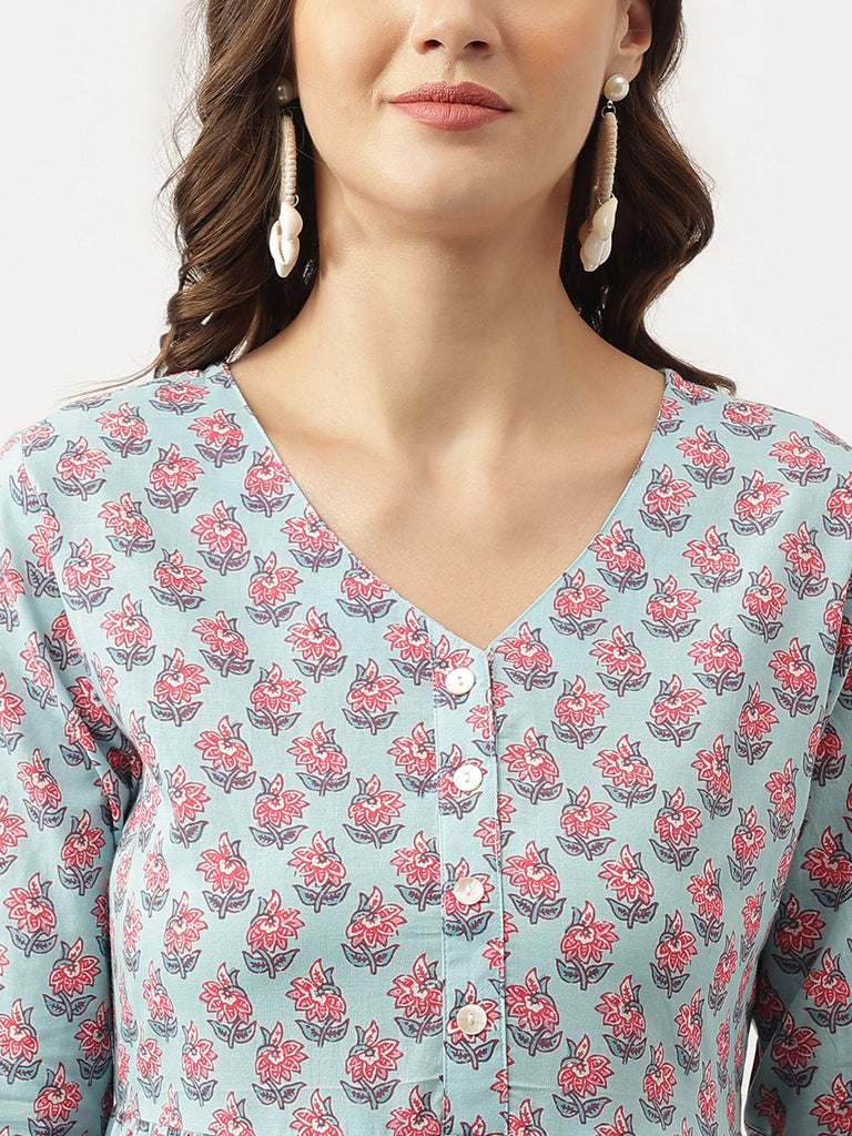 Women's Sky Blue Floral printed Cotton Tired Dress