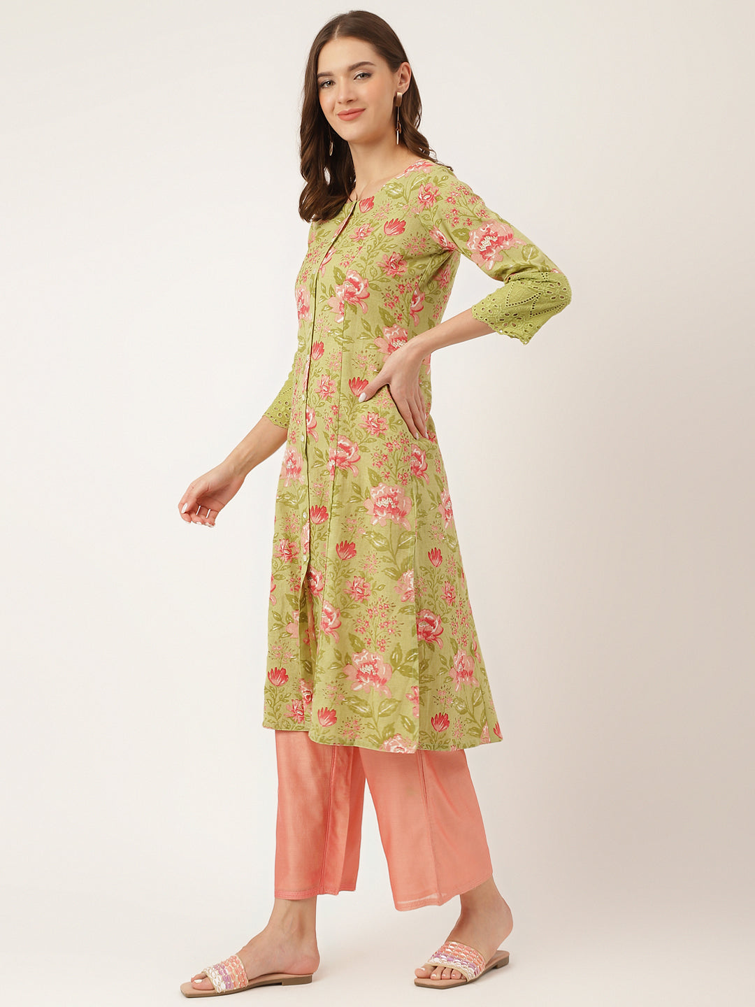 Women's Green Floral Print Cotton A-Line Kurta - Taantav