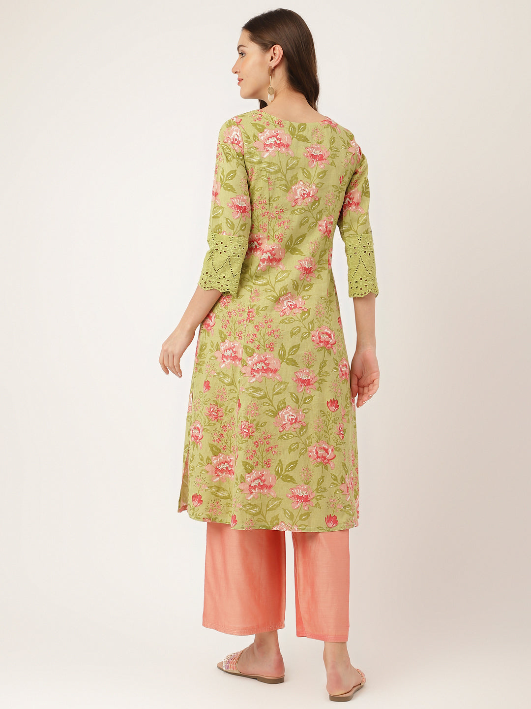 Women's Green Floral Print Cotton A-Line Kurta - Taantav