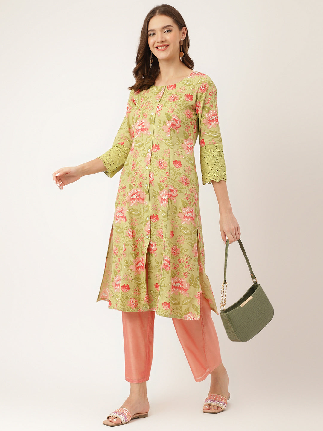 Women's Green Floral Print Cotton A-Line Kurta - Taantav