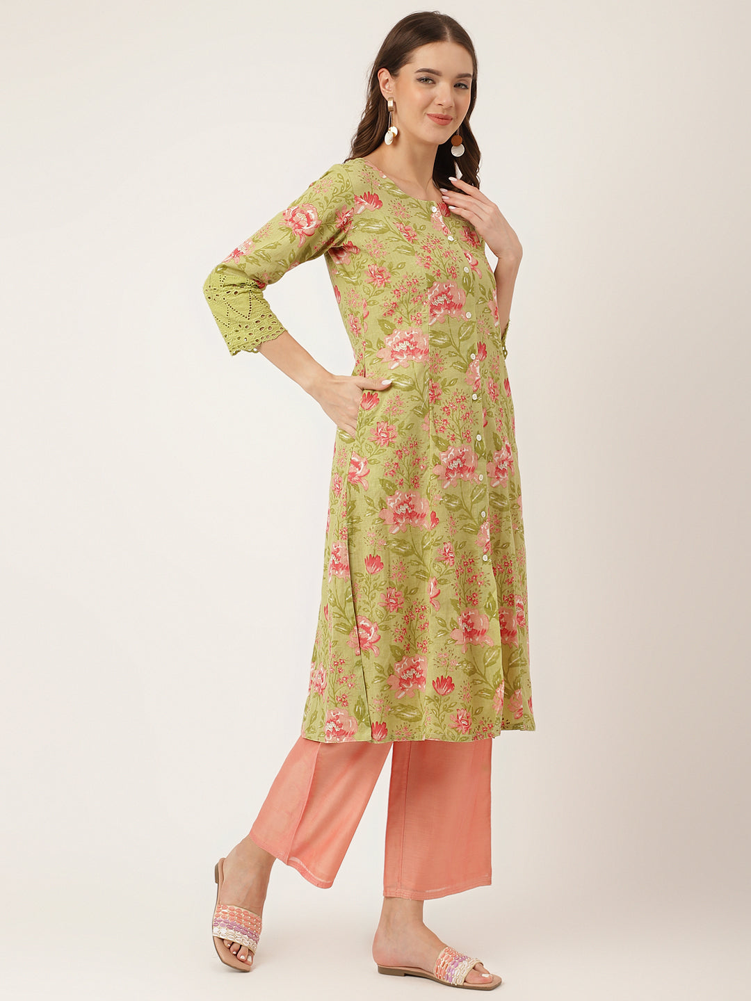 Women's Green Floral Print Cotton A-Line Kurta - Taantav