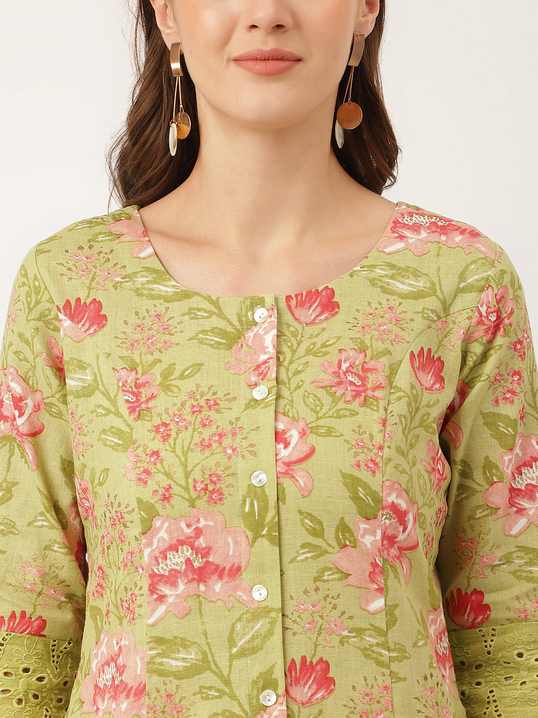 Women's Green Floral Print Cotton A-Line Kurta - Taantav