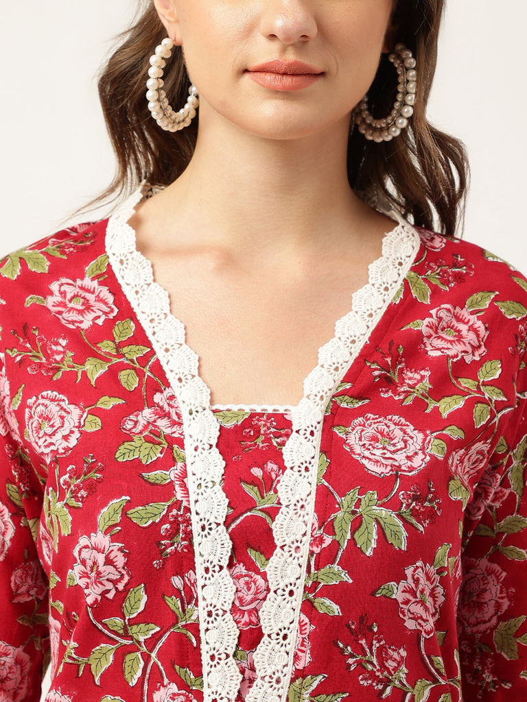 Women's Floral Hand Block Printed Kurta Trouser & Kota Dori Dupatta Set