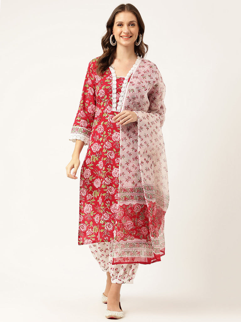 Women's Floral Hand Block Printed Kurta Trouser & Kota Dori Dupatta Set