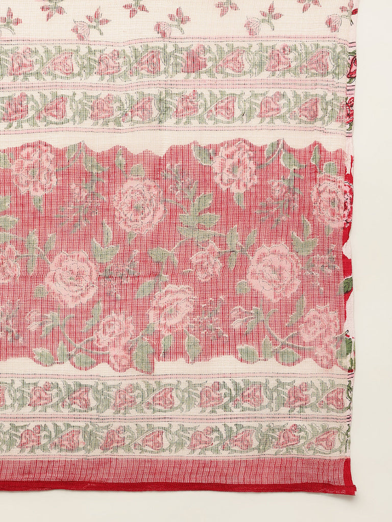 Women's Floral Hand Block Printed Kurta Trouser & Kota Dori Dupatta Set