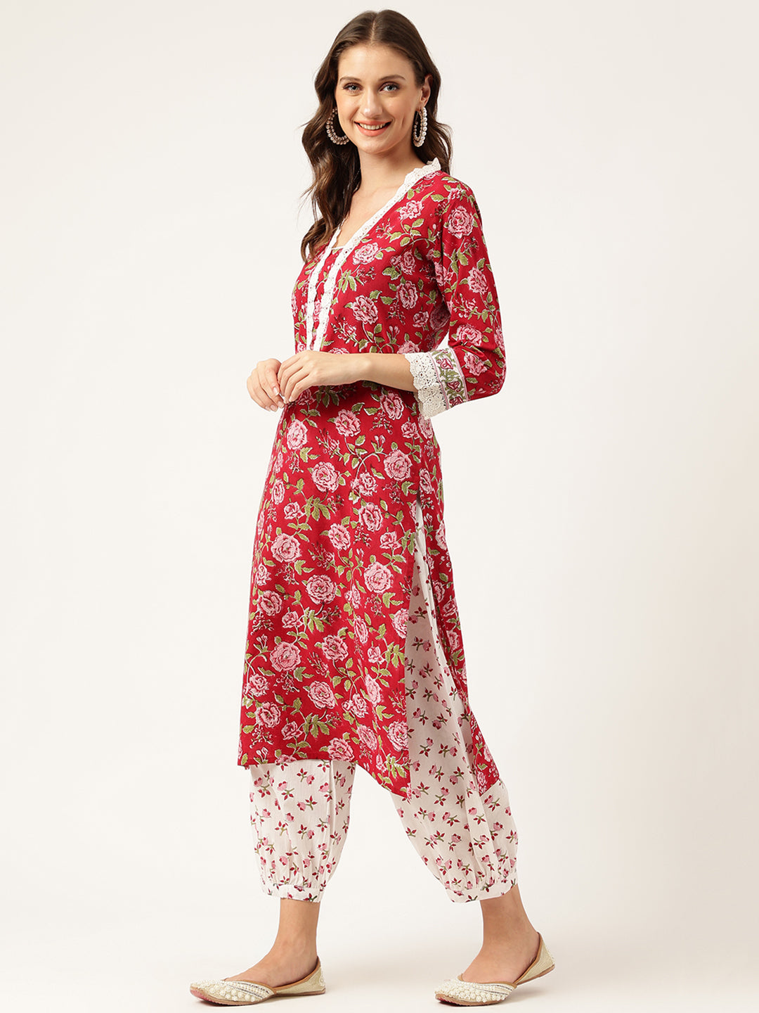 Women's Floral Hand Block Printed Kurta Trouser & Kota Dori Dupatta Set - Taantav