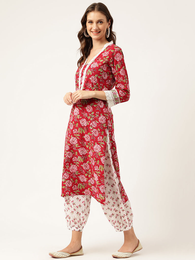 Women's Floral Hand Block Printed Kurta Trouser & Kota Dori Dupatta Set