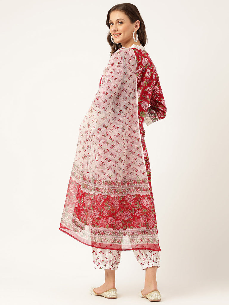 Women's Floral Hand Block Printed Kurta Trouser & Kota Dori Dupatta Set