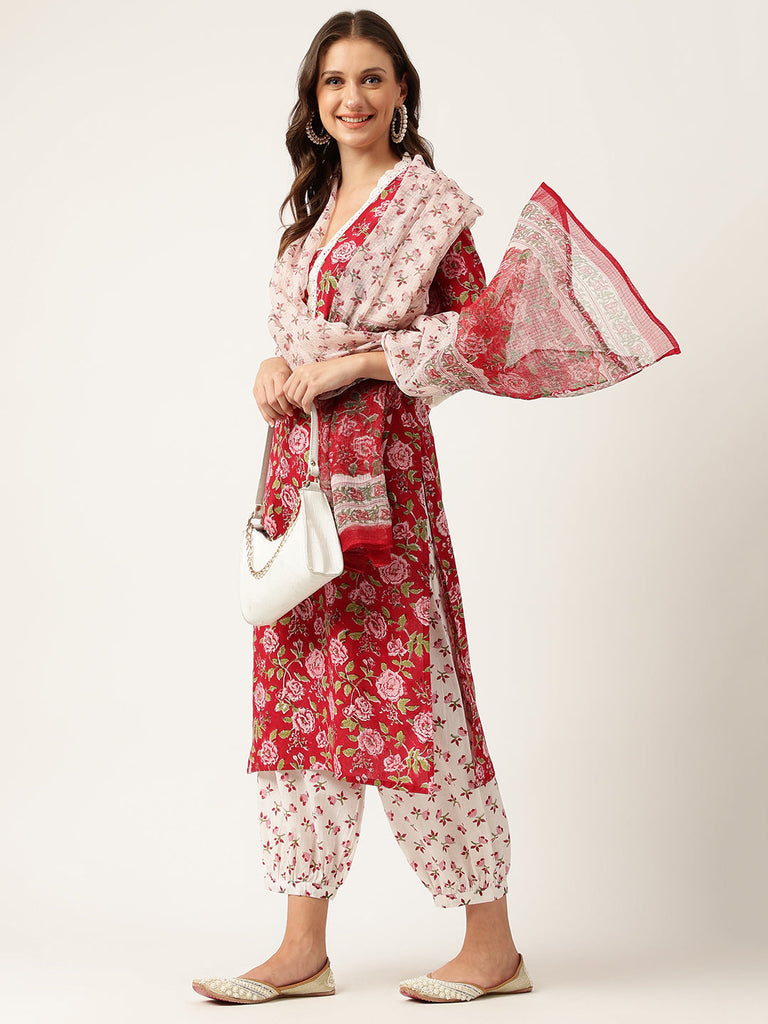 Women's Floral Hand Block Printed Kurta Trouser & Kota Dori Dupatta Set