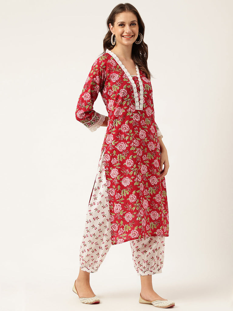 Women's Floral Hand Block Printed Kurta Trouser & Kota Dori Dupatta Set