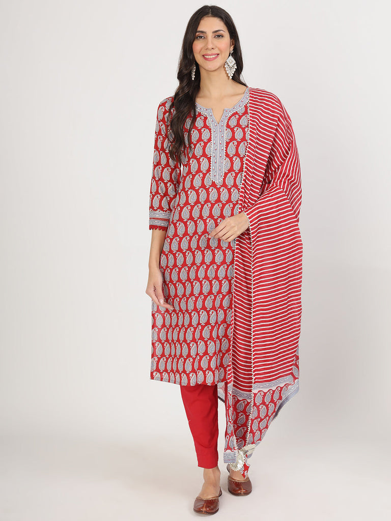 Women's Maroon Floral Print Cotton Kurta pants with Dupatta set for women