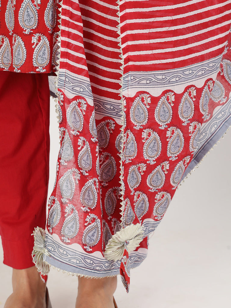 Women's Maroon Floral Print Cotton Kurta pants with Dupatta set for women