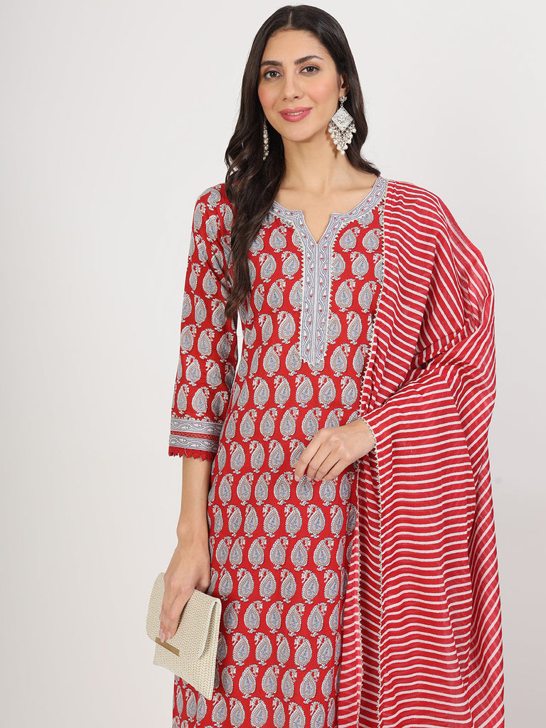 Women's Maroon Floral Print Cotton Kurta pants with Dupatta set for women