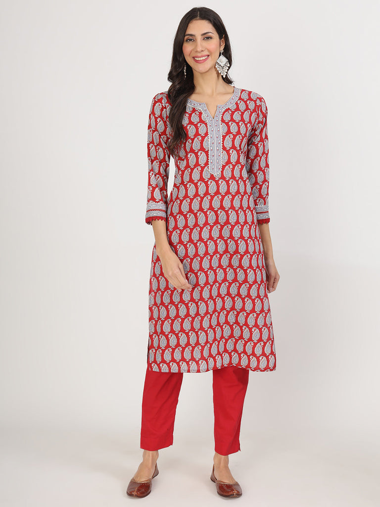Women's Maroon Floral Print Cotton Kurta pants with Dupatta set for women