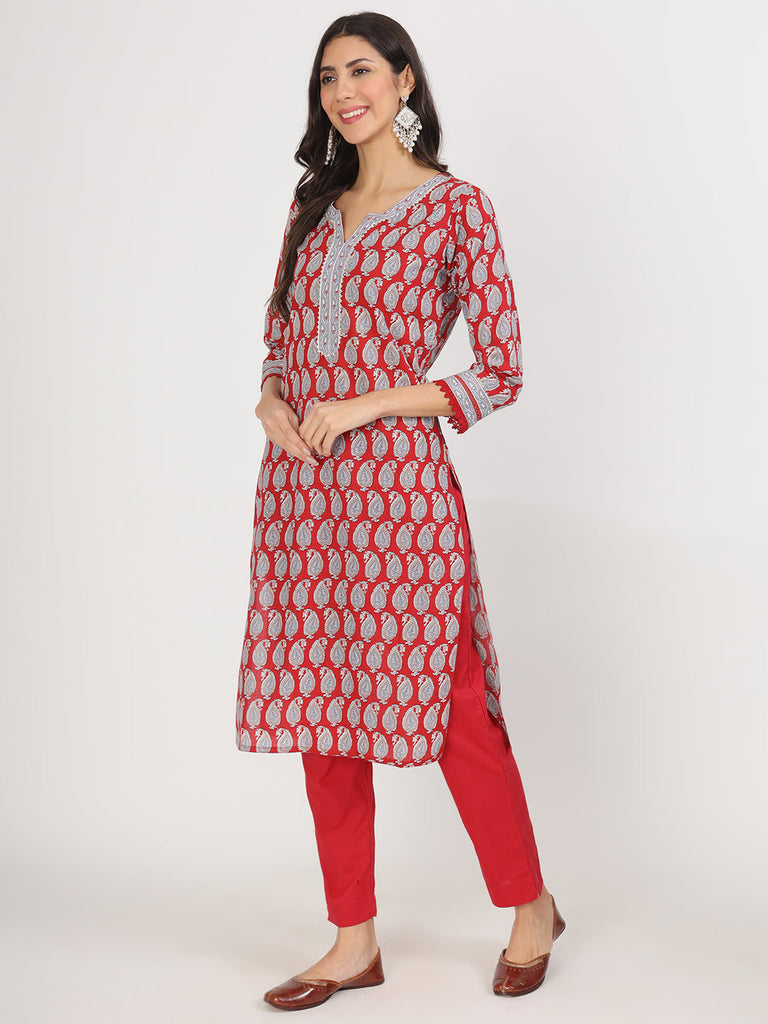 Women's Maroon Floral Print Cotton Kurta pants with Dupatta set for women