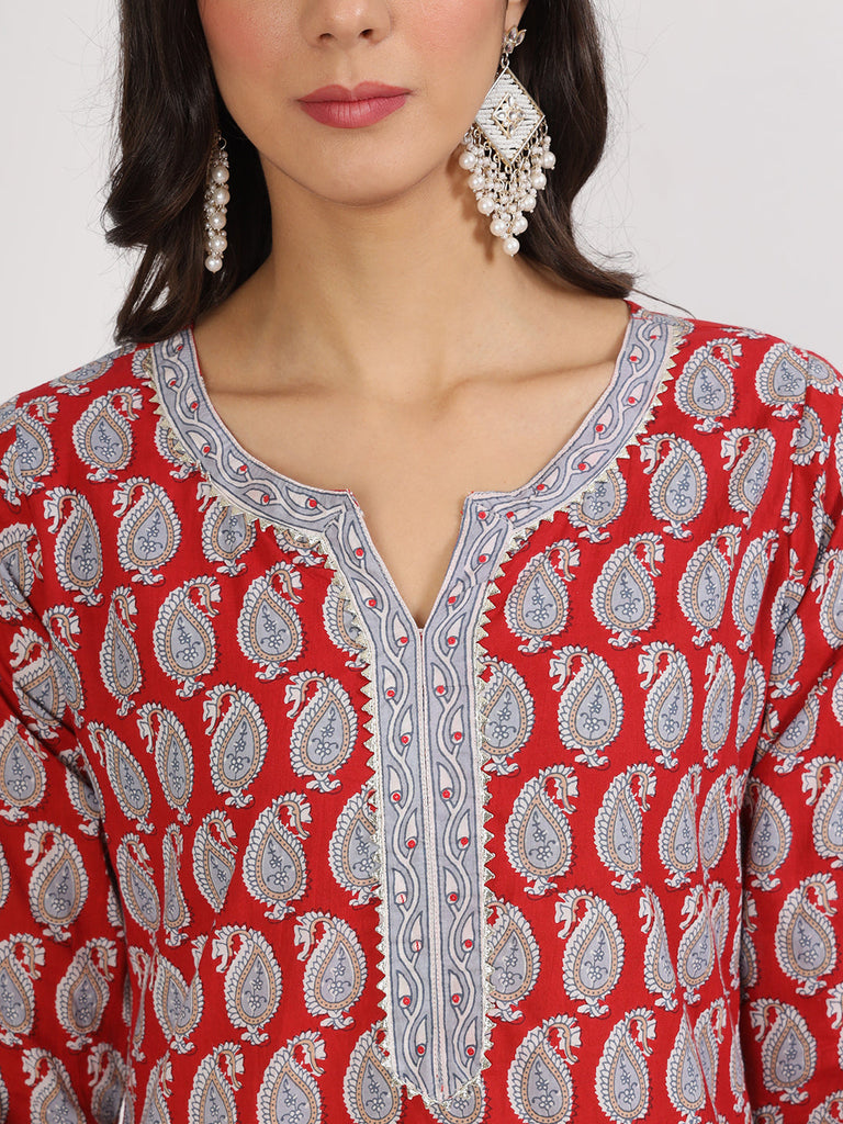 Women's Maroon Floral Print Cotton Kurta pants with Dupatta set for women