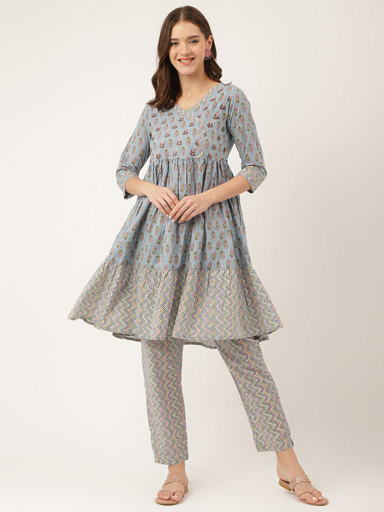 Women's Sky Blue Hand Block Floral Print Cotton Kurta, Trouser