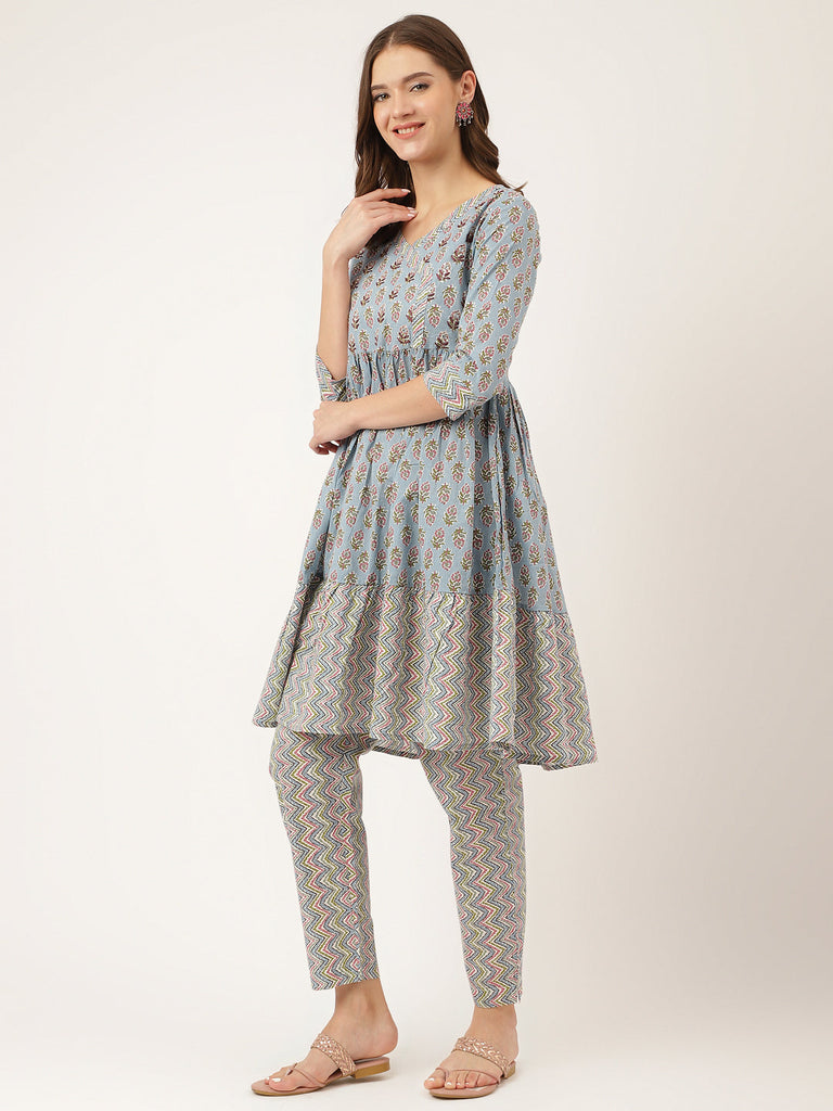 Women's Sky Blue Hand Block Floral Print Cotton Kurta, Trouser