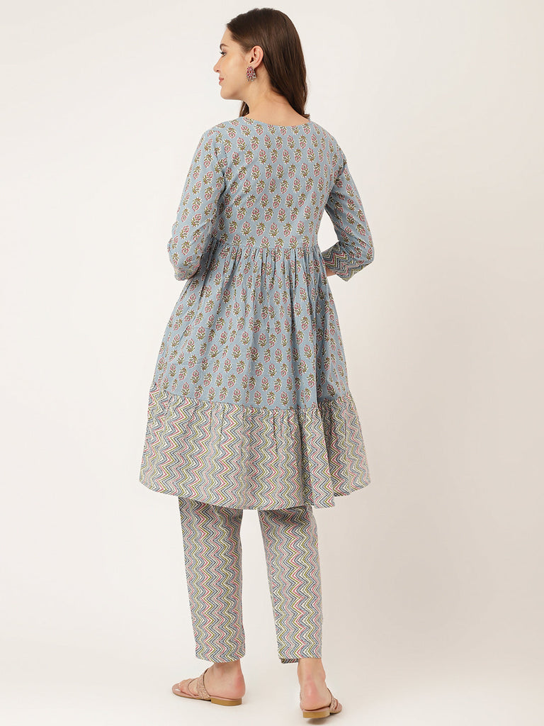 Women's Sky Blue Hand Block Floral Print Cotton Kurta, Trouser