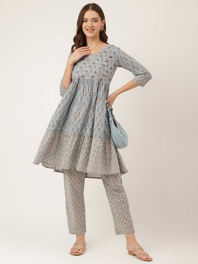Women's Sky Blue Hand Block Floral Print Cotton Kurta, Trouser