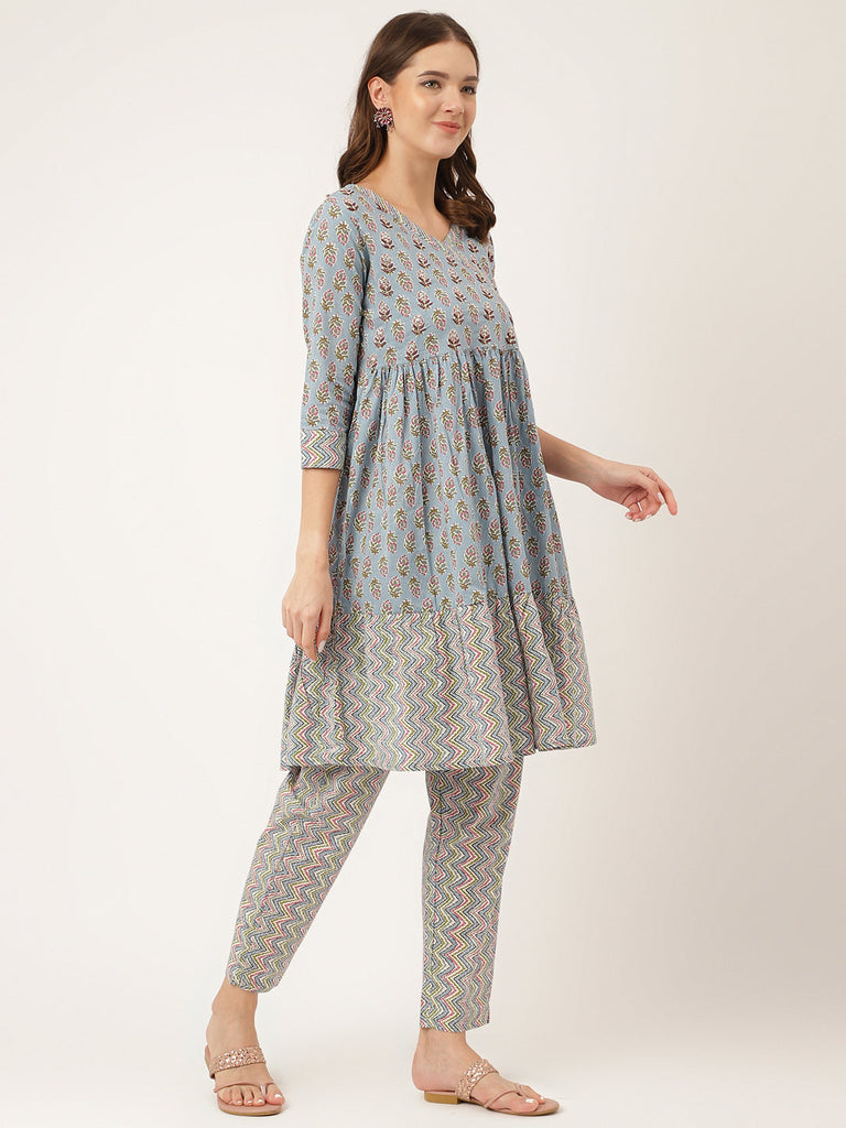 Women's Sky Blue Hand Block Floral Print Cotton Kurta, Trouser
