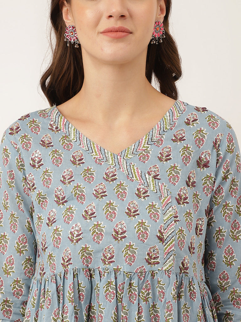 Women's Sky Blue Hand Block Floral Print Cotton Kurta, Trouser