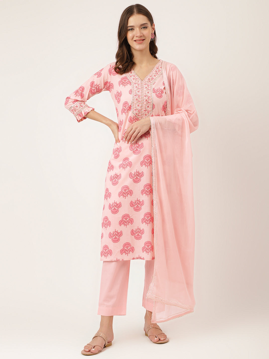 Women's Pink Floral Print Cotton Kurta, Trouser With Dupatta - Taantav