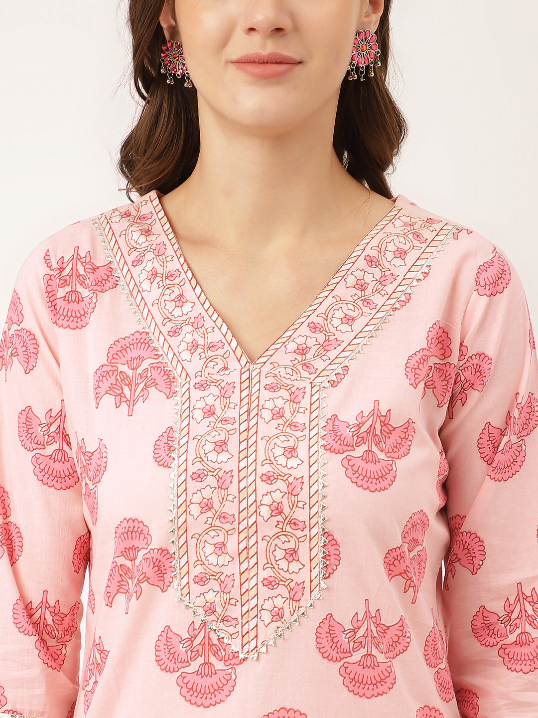 Women's Pink Floral Print Cotton Kurta, Trouser With Dupatta - Taantav