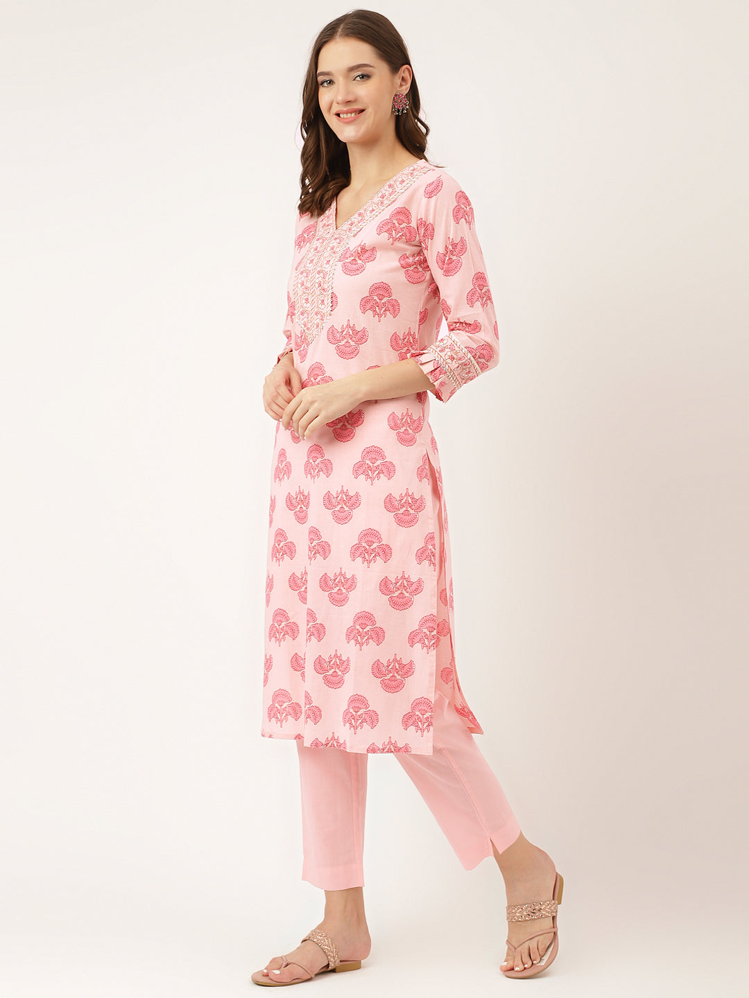 Women's Pink Floral Print Cotton Kurta, Trouser With Dupatta - Taantav