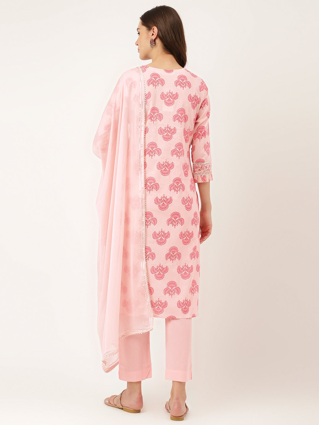 Women's Pink Floral Print Cotton Kurta, Trouser With Dupatta - Taantav